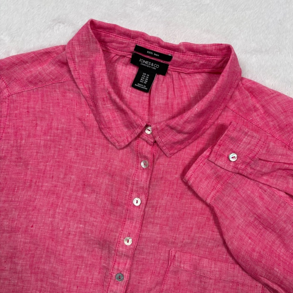 Jones & Co Henley Tunic Blouse Women 1X Reddish Pink 100% Linen Roll Tab Coastal